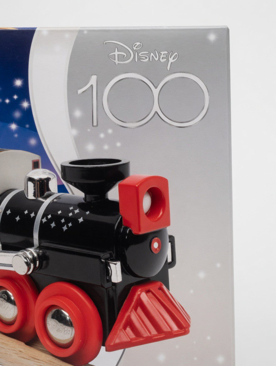 BRIO Disney 100th Anniversary limited edition wooden train set, black with red accents and silver details.