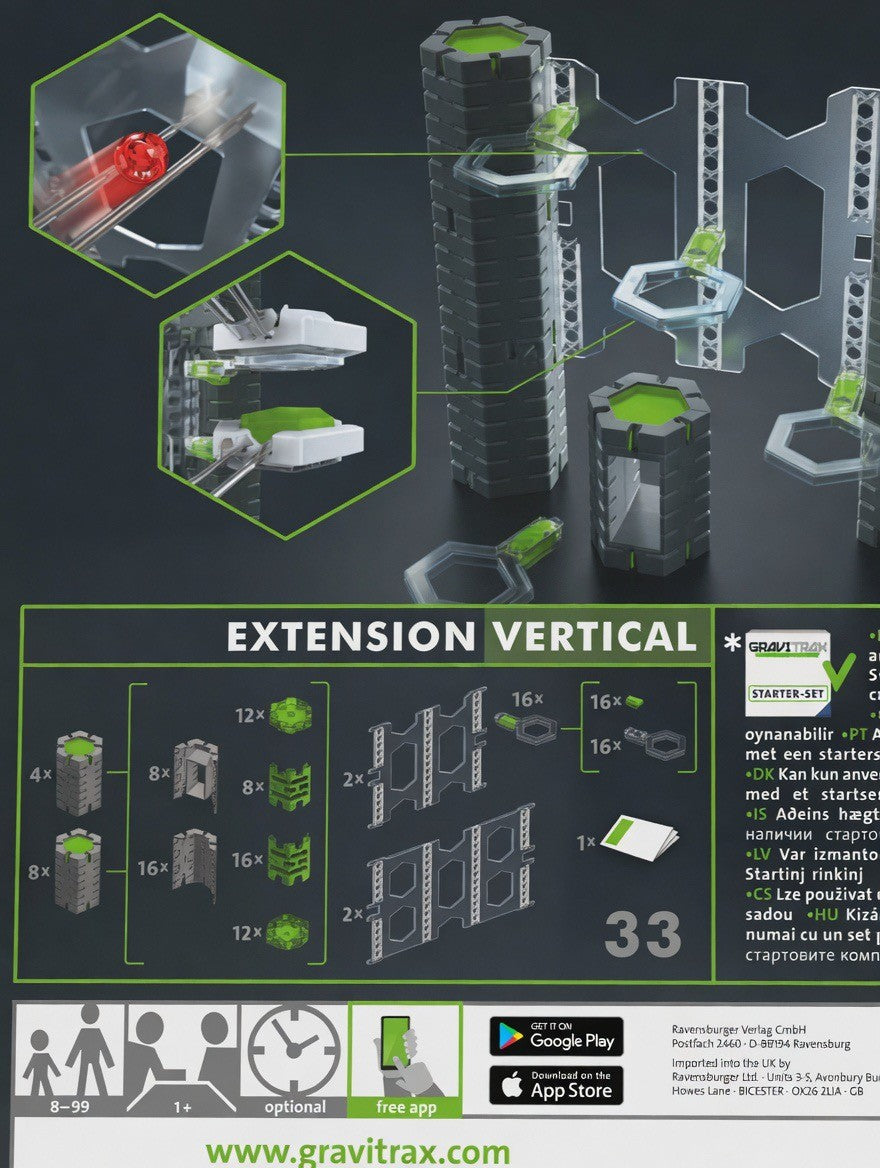 ImagineHaul GraviTrax PRO Extension Vertical marble run add-on set with grey towers and green accents, showing vertical building elements.