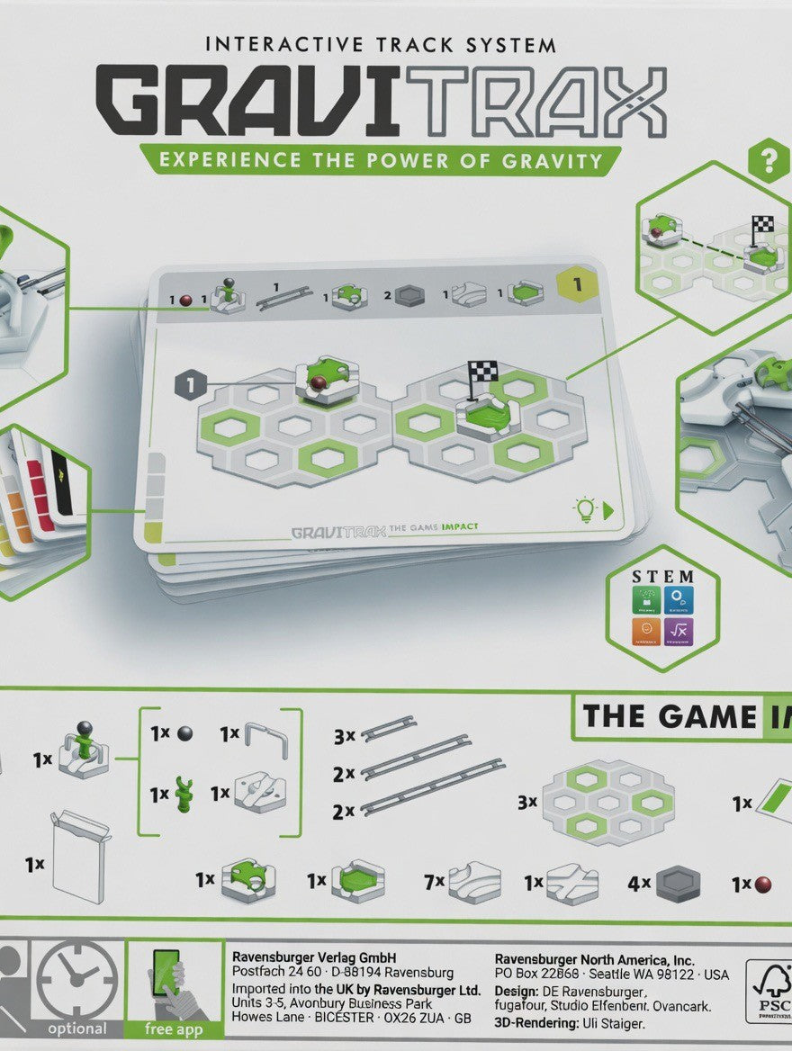 GraviTrax The Game: Impact STEM challenge game by Ravensburger, featuring track pieces, base plates, figures, and challenge cards for building marble runs.