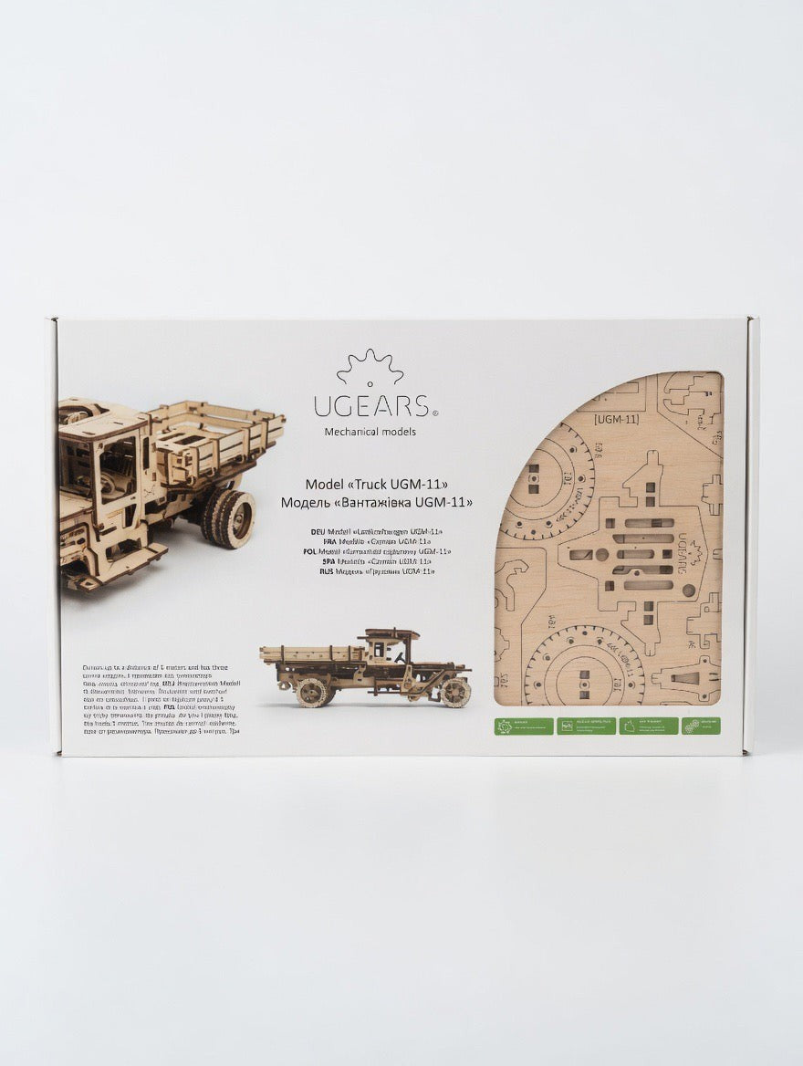 ImagineHaul UGEARS Truck UGM-11 mechanical wooden model kit. Features 420 laser-cut birch plywood pieces for a DIY 3D puzzle.