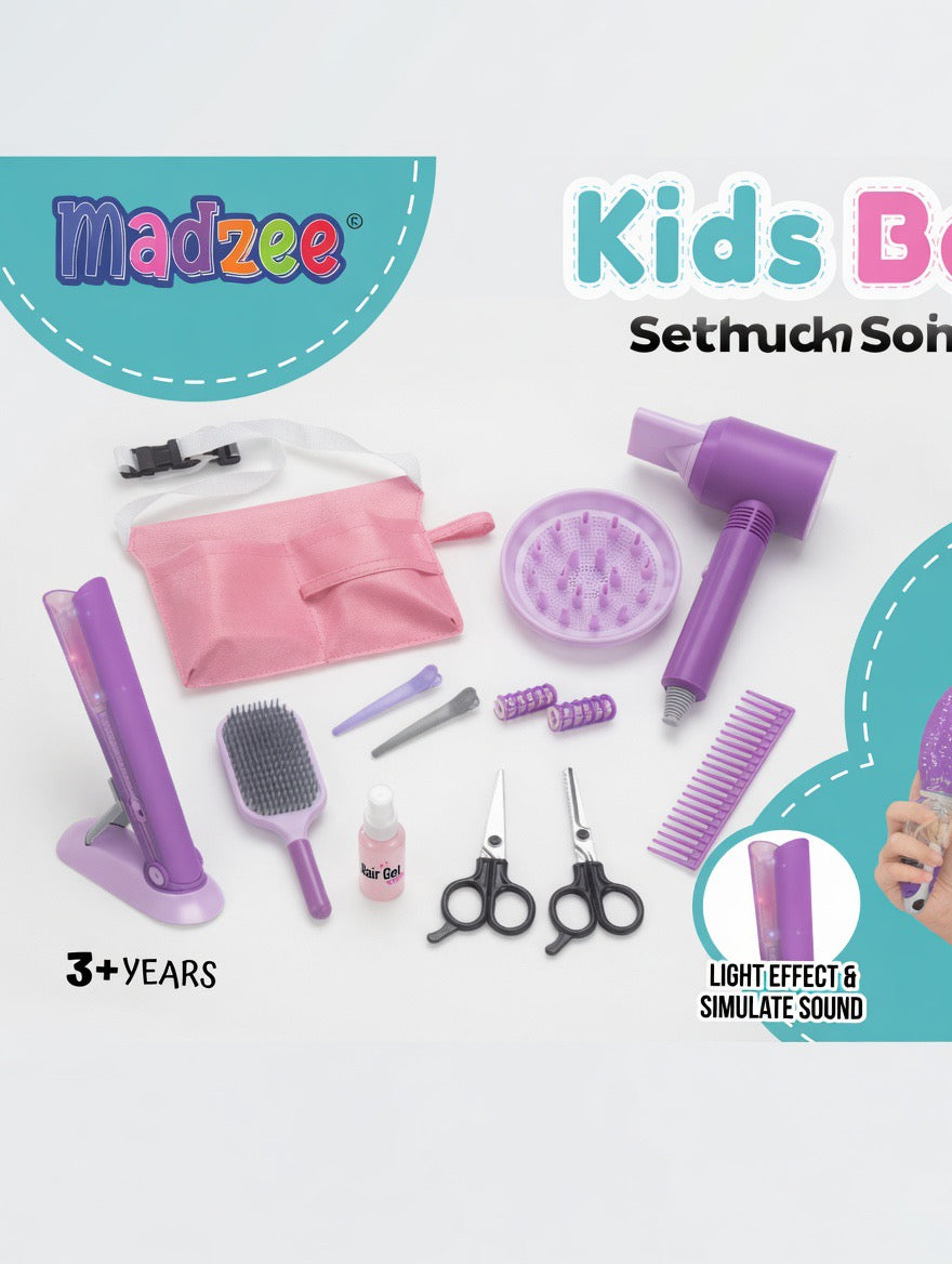 Madzee Kids Beauty Salon Set – Pretend Play Hair Styling Kit for Girls | Light & Sound | Ages 3+