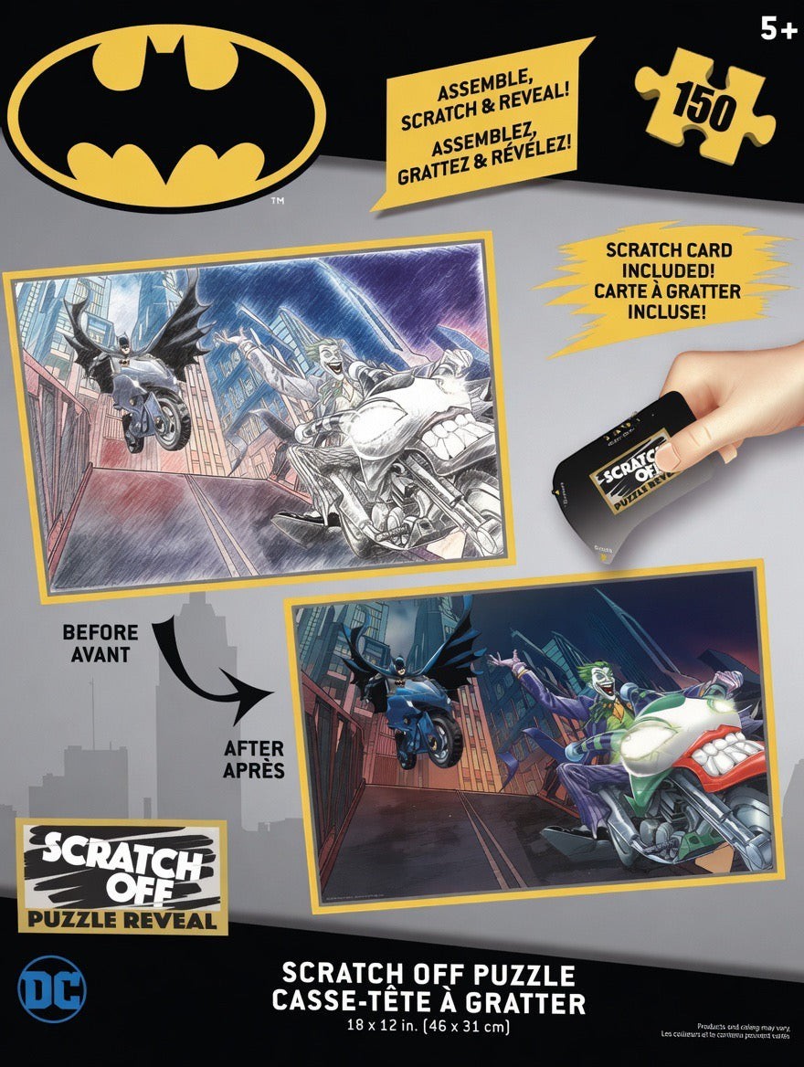 ImagineHaul Batman vs. Joker 150-piece scratch-off puzzle. Features a sketch-style image before scratching and a full-color reveal of Batman and Joker on motorcycles.