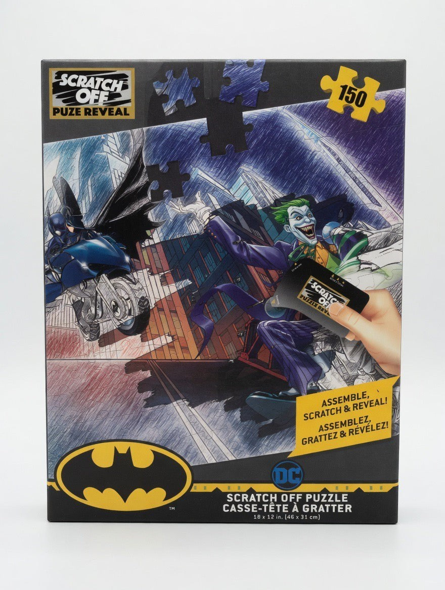 ImagineHaul Batman vs. Joker 150-piece scratch-off puzzle box featuring a sketch-style image of Batman on a motorcycle and the Joker in a city.