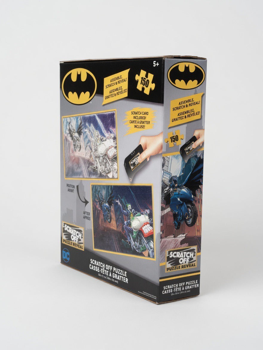 ImagineHaul Batman vs. Joker 150-piece scratch-off puzzle box, showing Batman on a motorcycle and The Joker.