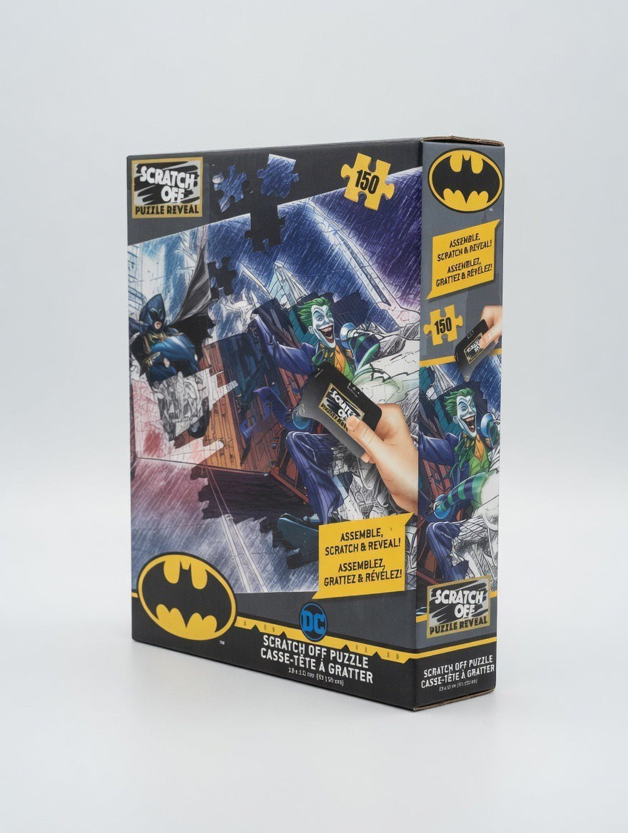 ImagineHaul Batman vs. The Joker 150-piece scratch-off puzzle box featuring a sketch-style image of Batman and Joker with a hidden full-color reveal.
