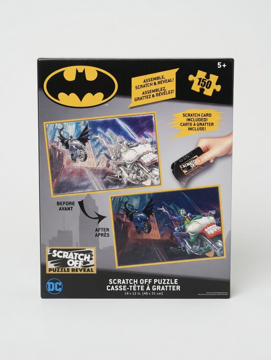 ImagineHaul Batman vs. Joker 150-piece scratch-off puzzle. Features a sketch-style image before scratching and a full-colour reveal of Batman and Joker on motorcycles.