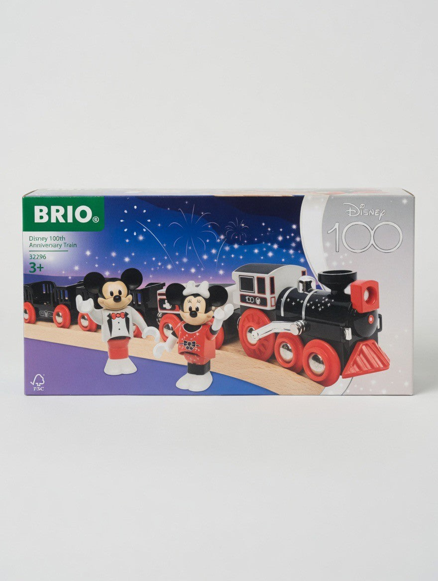 BRIO Disney 100th Anniversary Train set featuring a black and red wooden locomotive with Mickey and Minnie Mouse figures in special outfits.