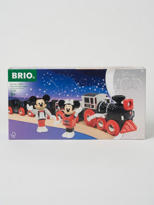 BRIO Disney 100th Anniversary Train set featuring a black and red wooden locomotive with Mickey and Minnie Mouse figures in special outfits.