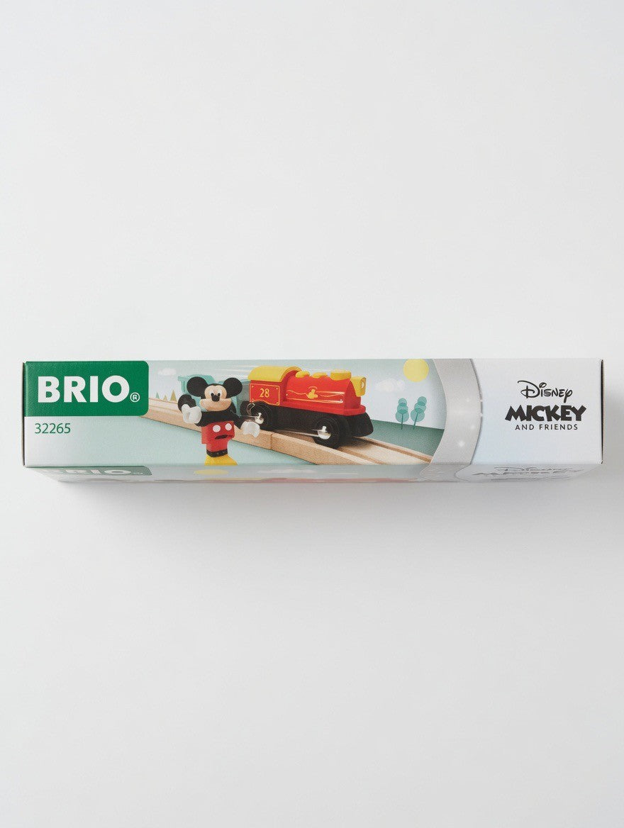 BRIO Disney Mickey Mouse Battery Train wooden railway set with Mickey figure and red engine.