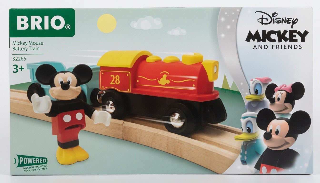 BRIO Disney Mickey Mouse Battery Train set with red and yellow locomotive, Mickey figure, and cargo wagon on wooden tracks.