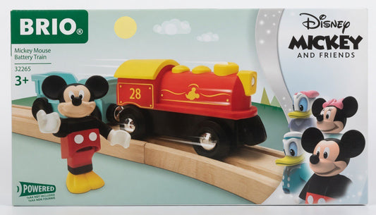 BRIO Disney Mickey Mouse Battery Train set with red and yellow locomotive, Mickey figure, and cargo wagon on wooden tracks.