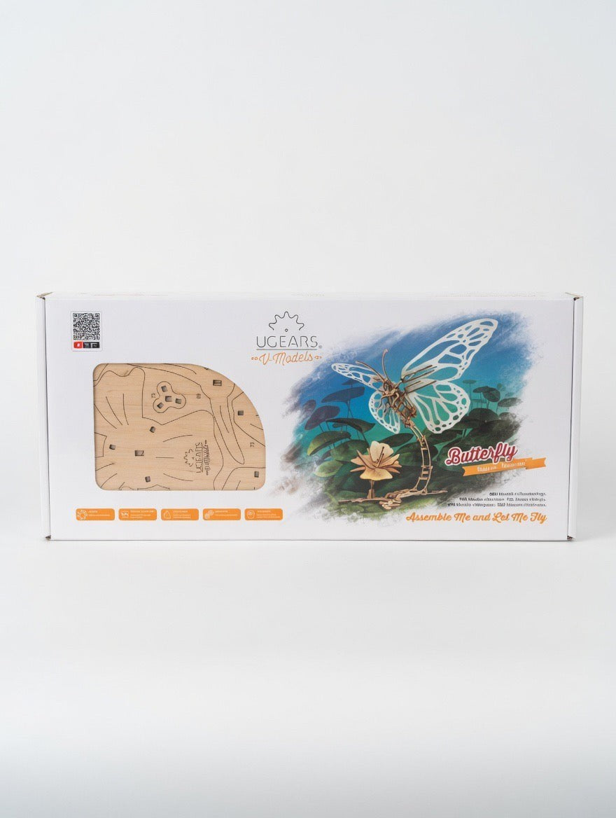 ImagineHaul UGEARS Butterfly mechanical wooden model kit, 168 birch plywood pieces, life-size sculpture with moving wings.