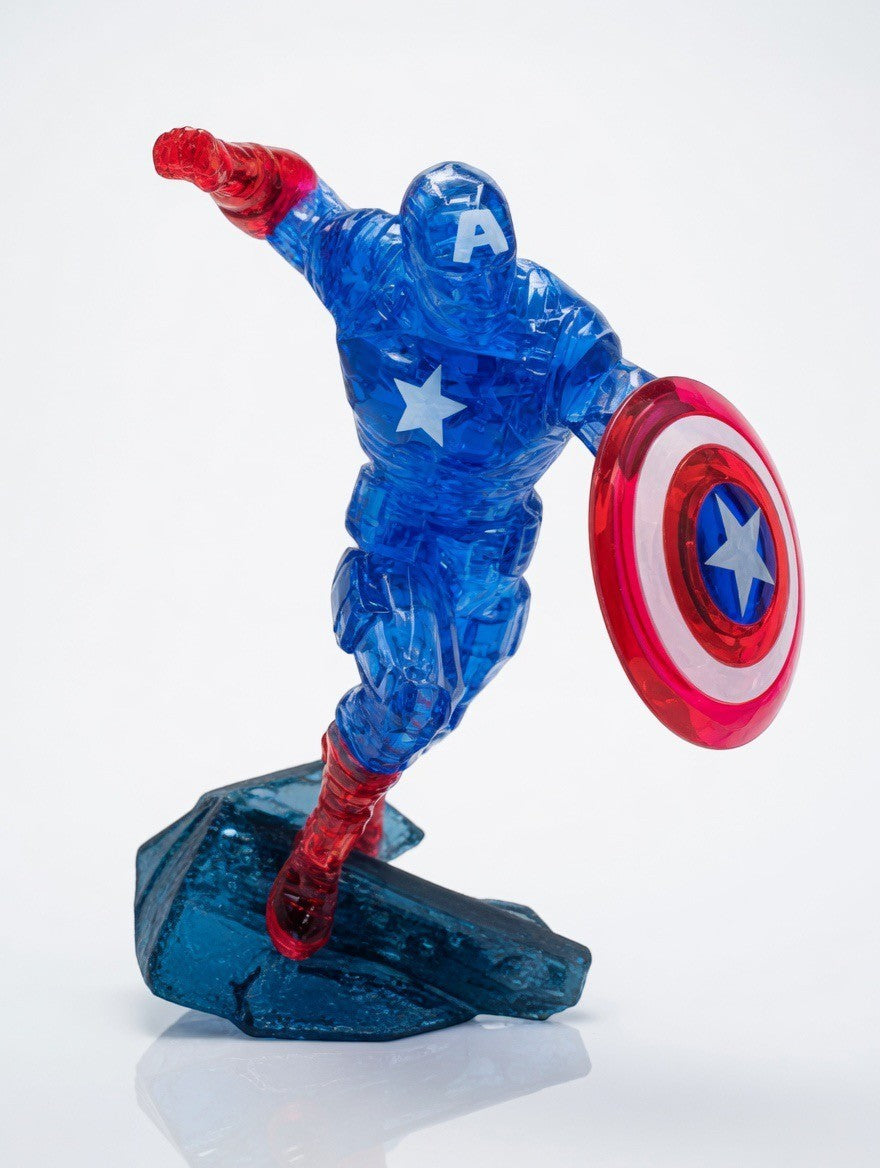 ImagineHaul Captain America 3D crystal puzzle, blue translucent figure with red accents, holding shield, 31 pieces.