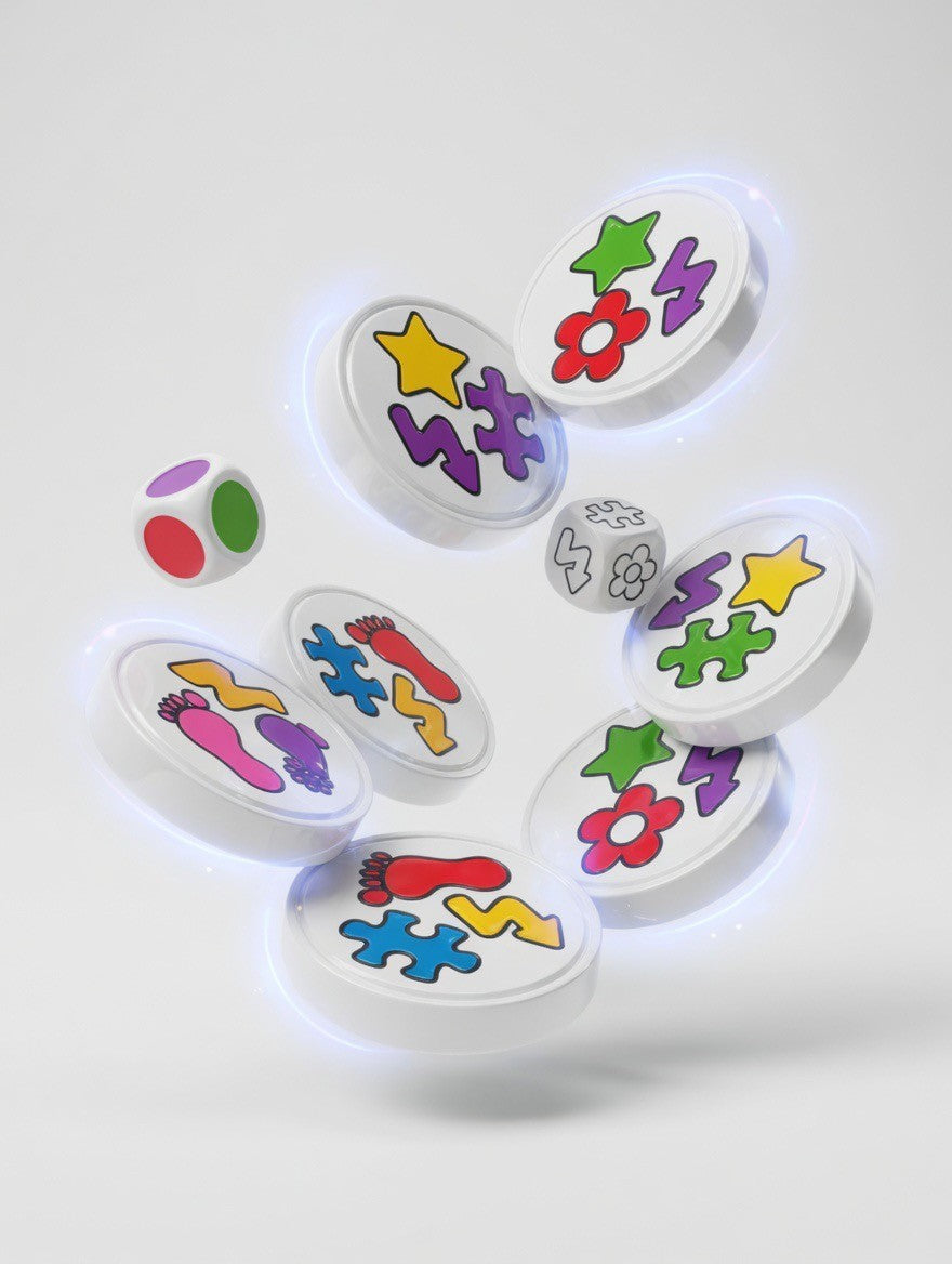 ImagineHaul Clack! Magnet Game with colorful discs featuring shapes like stars, flowers, footprints, and puzzle pieces, and two dice.