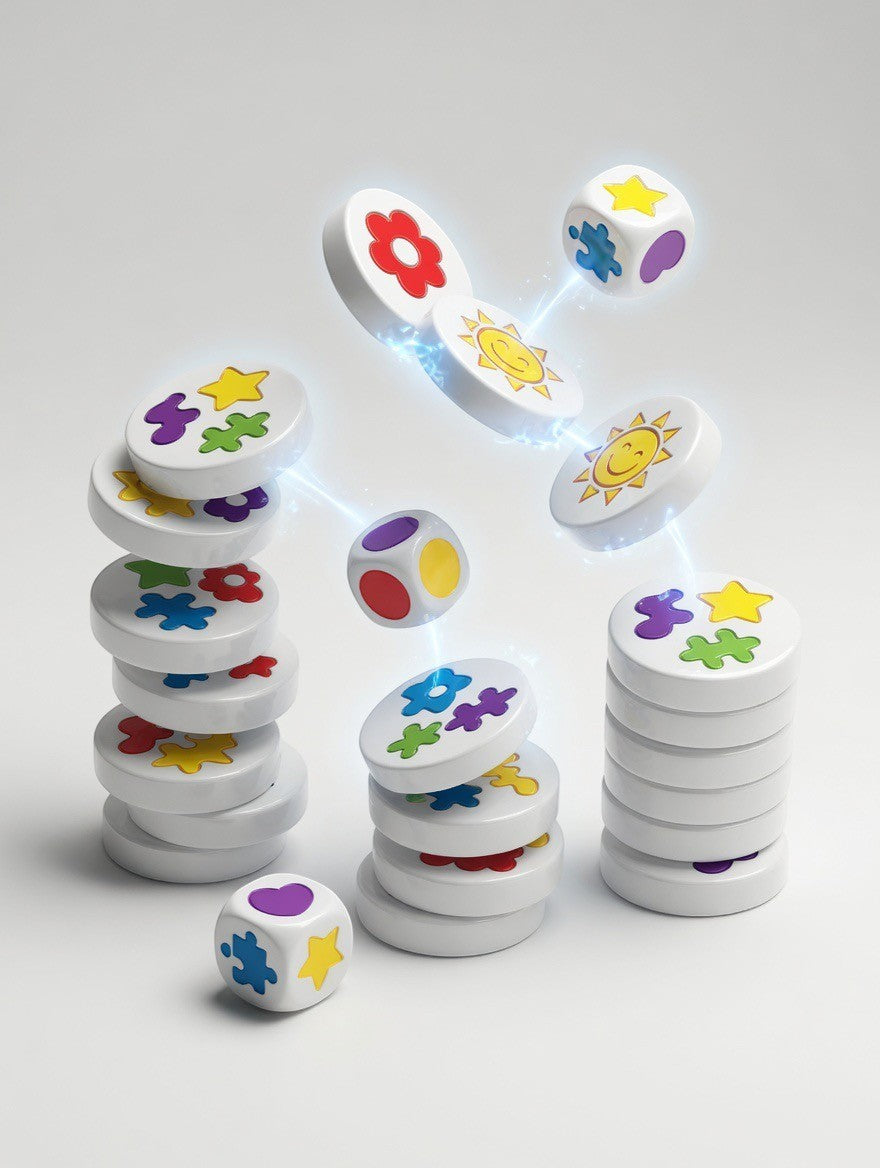 ImagineHaul Clack! Magnet Game with white discs featuring colorful flowers, suns, and stars, and matching dice. Magnetic discs stack and connect.