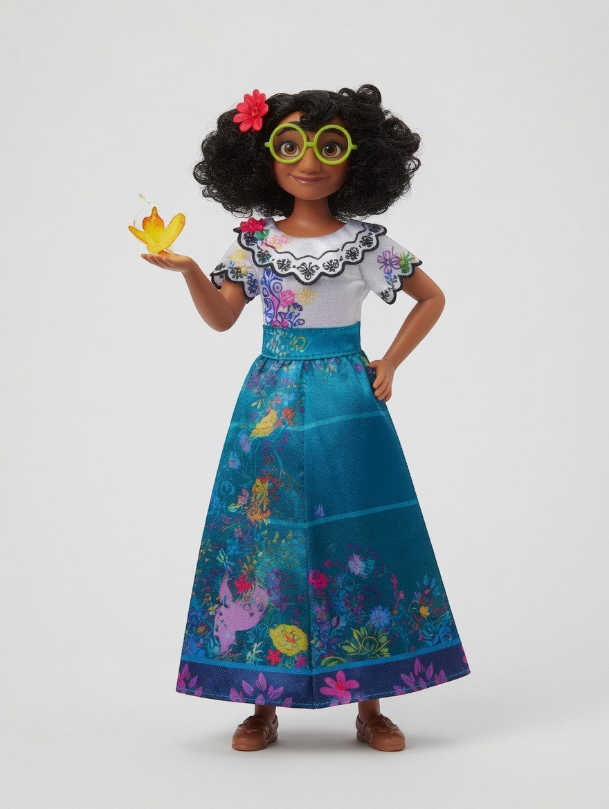 ImagineHaul Disney Encanto Mirabel Madrigal doll with curly black hair, green glasses, embroidered blouse, and teal floral skirt.