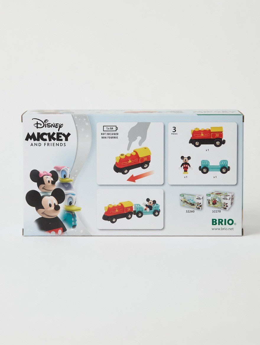 ImagineHaul Disney Mickey Mouse Battery Train wooden toy set with red and yellow locomotive and Mickey figure pulling a blue wagon.