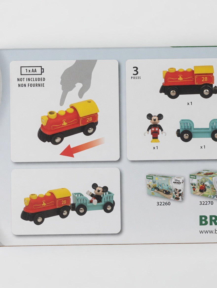 ImagineHaul Disney Mickey Mouse Battery Train wooden toy set with red locomotive, Mickey figure, and cargo wagon.