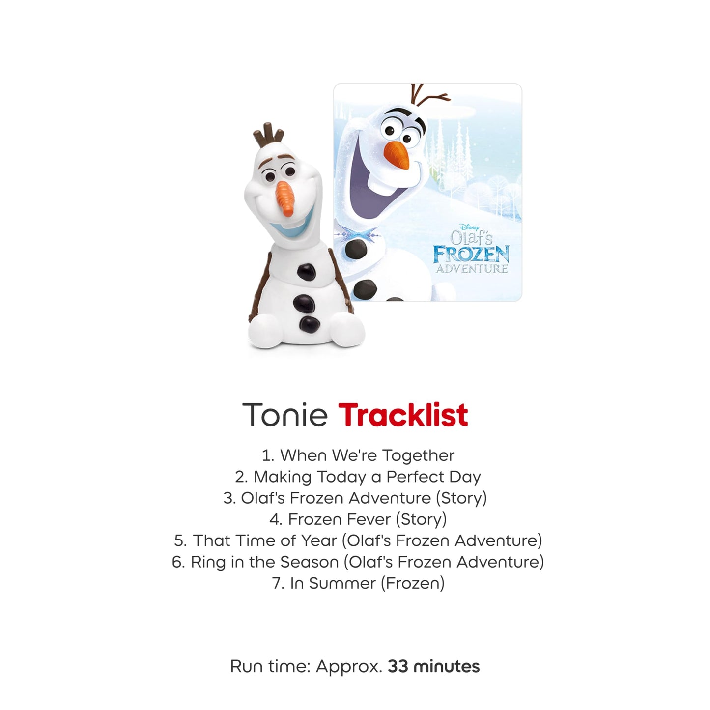 ImagineHaul Disney Olaf's Frozen Adventure Tonie figure with tracklist and run time. Ages 4+.