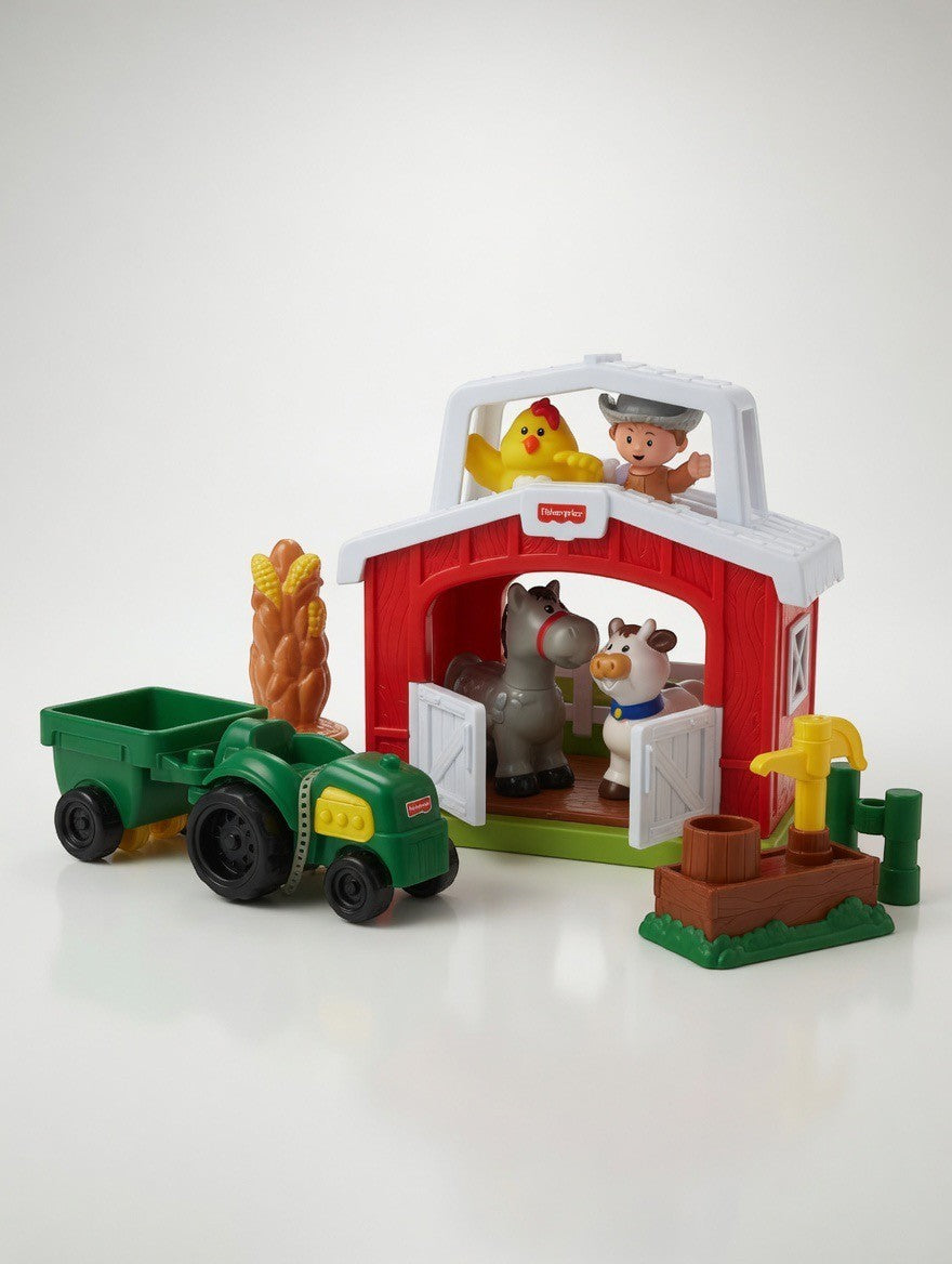 ImagineHaul Fisher-Price Little People farm playset with red barn, green tractor with trailer, farmer figure, chicken, horse, cow, and water pump.