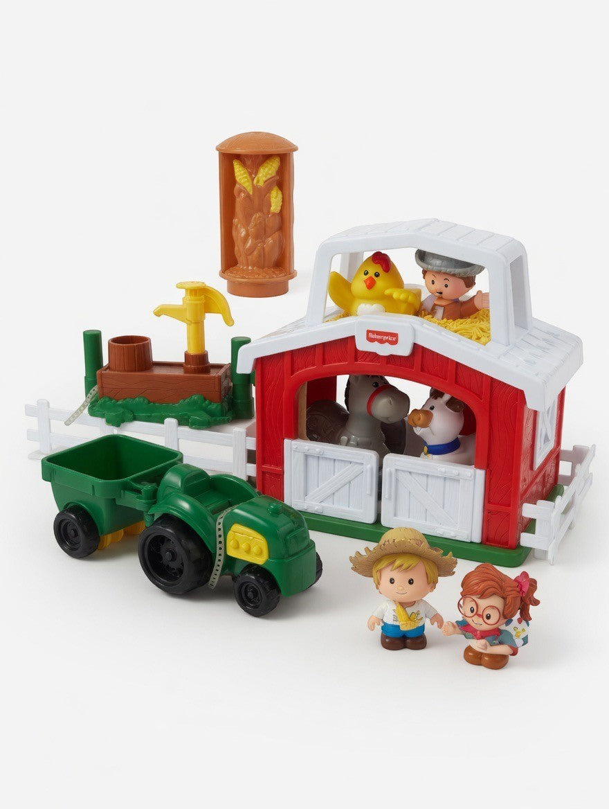 ImagineHaul Fisher-Price Little People farm playset with red barn, green tractor, trailer, figures, and animals.