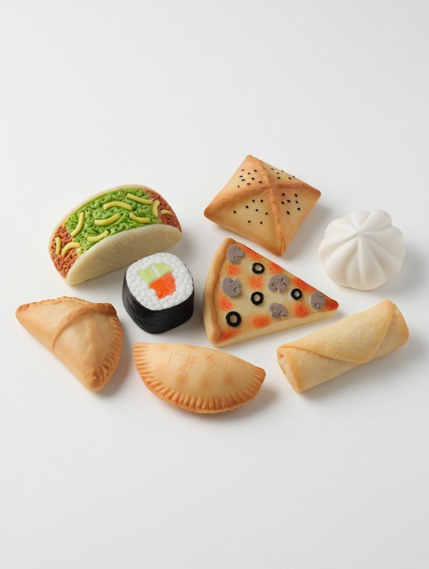 Yellow Door Foods of the World sensory play stones: taco, sushi, pizza, samosa, dumpling, empanada, spring roll, fortune cookie. Durable stone mix with hand-painted detail.
