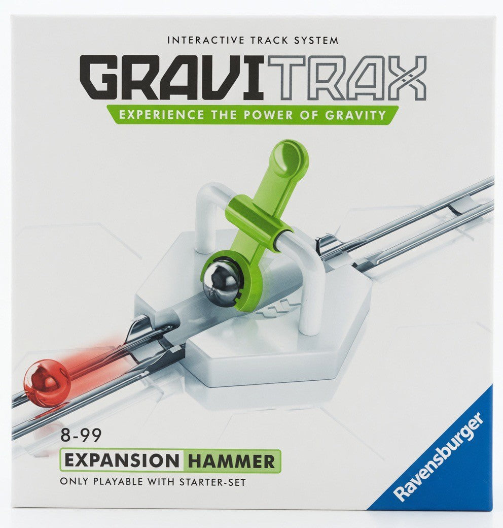 ImagineHaul GraviTrax Expansion Hammer marble run add-on with green hammer action module, white base, and red marble.