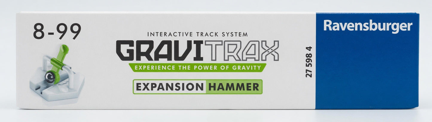 Ravensburger GraviTrax Expansion Hammer marble run add-on with green hammer action module and marbles, ages 8-99.