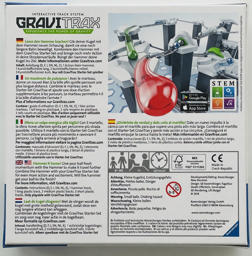 Ravensburger GraviTrax Expansion Hammer marble run add-on with red hammer action module, green marble, and plastic rails.