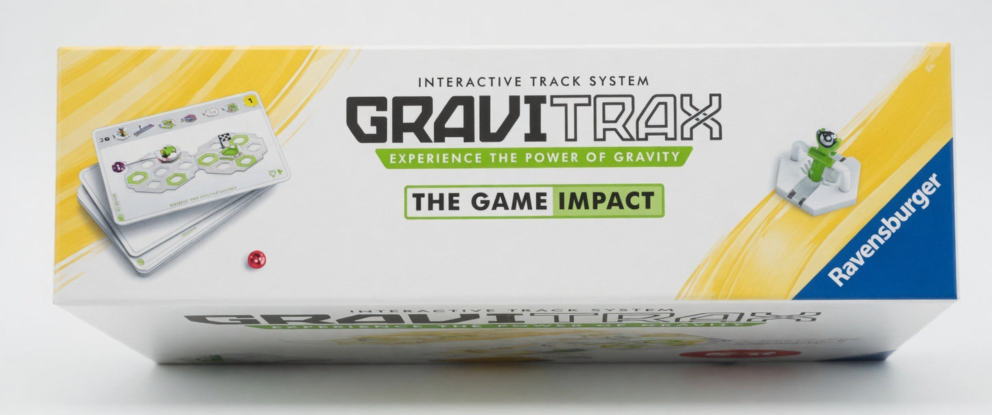 Ravensburger GraviTrax The Game: Impact STEM challenge marble run game box with challenge cards and a red marble.