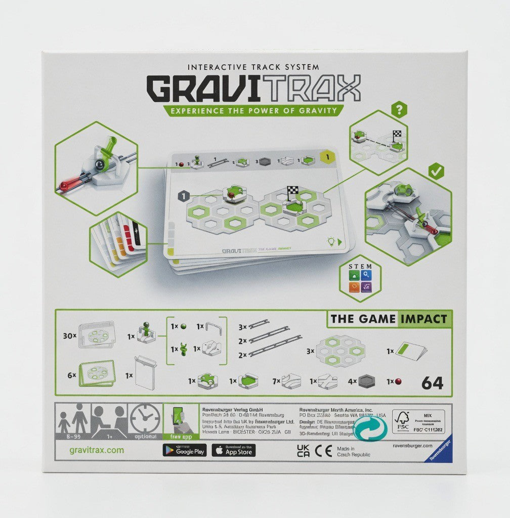 Ravensburger GraviTrax The Game: Impact STEM challenge board game box, featuring game components and instructions.