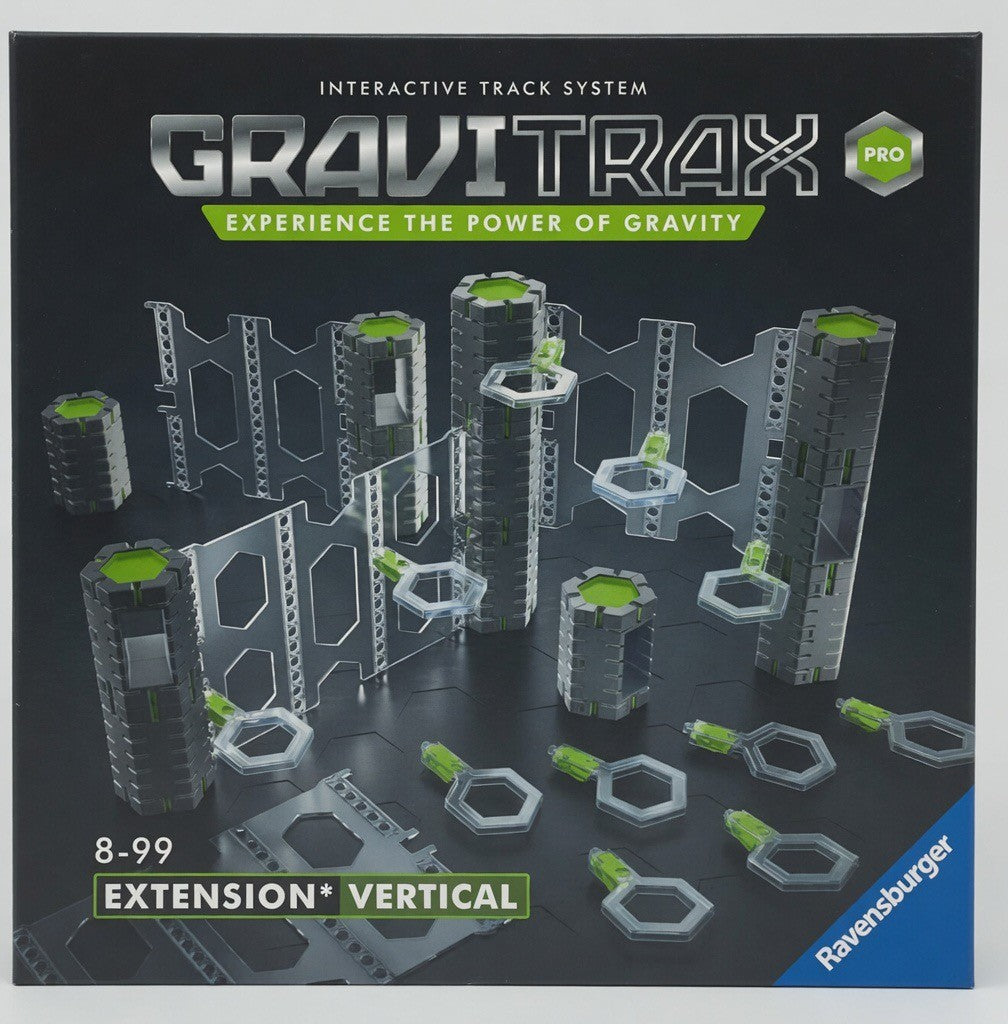 ImagineHaul GraviTrax PRO Extension Vertical marble run set with grey towers and green accents. Includes vertical rails and connectors for building.