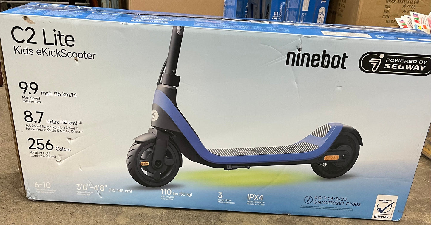 Ninebot by Segway C2 Lite kids electric scooter in blue and black, featuring 256 customizable LED colors and a 9.9 mph top speed.