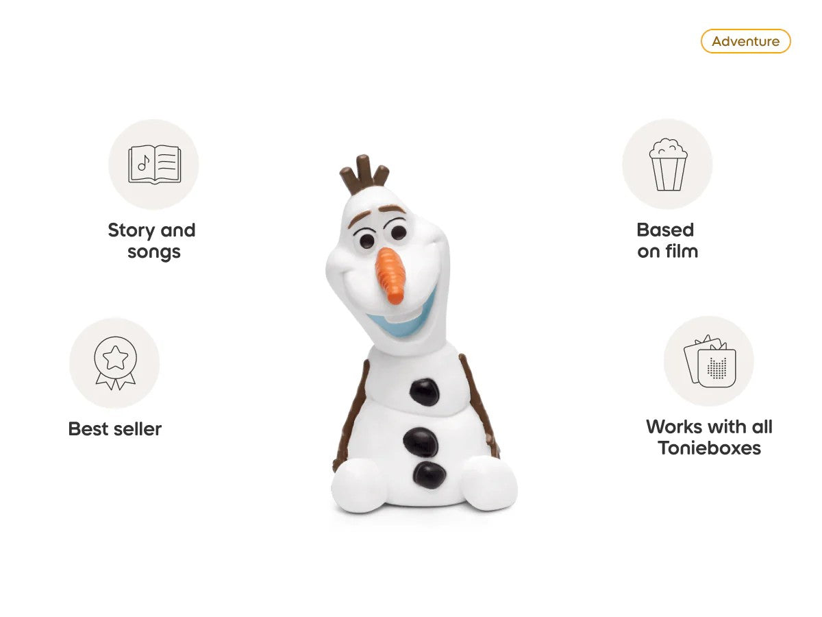 ImagineHaul Olaf's Frozen Adventure Tonie figure for Toniebox, featuring the snowman character with orange nose and black buttons. Includes songs and stories.