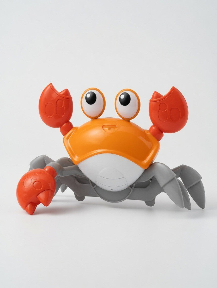 ImagineHaul orange and grey electric induction crab toy with light and sound features, auto-avoidance, and realistic crawling movement.