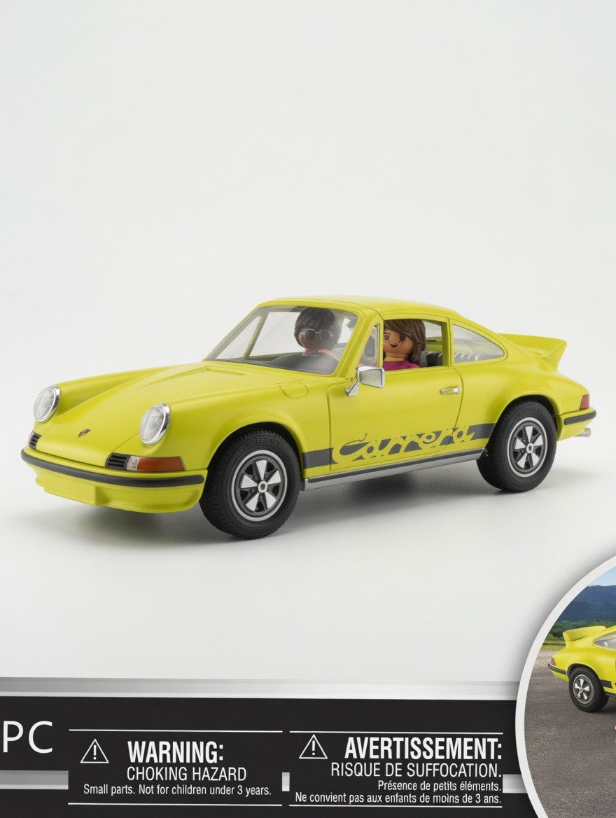 ImagineHaul Playmobil lime yellow Porsche 911 Carrera RS 2.7 replica with two figures and black decals.