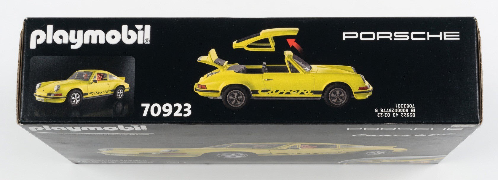 Playmobil Porsche 911 Carrera RS 2.7 toy car in lime yellow with black decals and opening trunk. Includes two figures.
