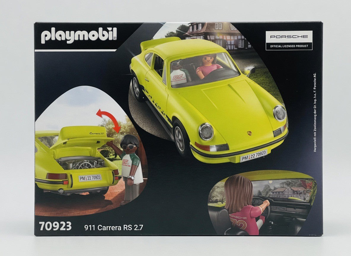 Playmobil Porsche 911 Carrera RS 2.7 toy car in lime yellow with black decals, featuring two figures and opening trunk.