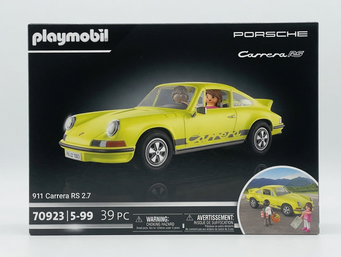Playmobil Porsche 911 Carrera RS 2.7 toy car in lime yellow with black decals and two figures. Officially licensed set #70923.