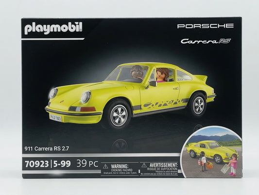 Playmobil Porsche 911 Carrera RS 2.7 toy car in lime yellow with black decals and two figures. Officially licensed set #70923.