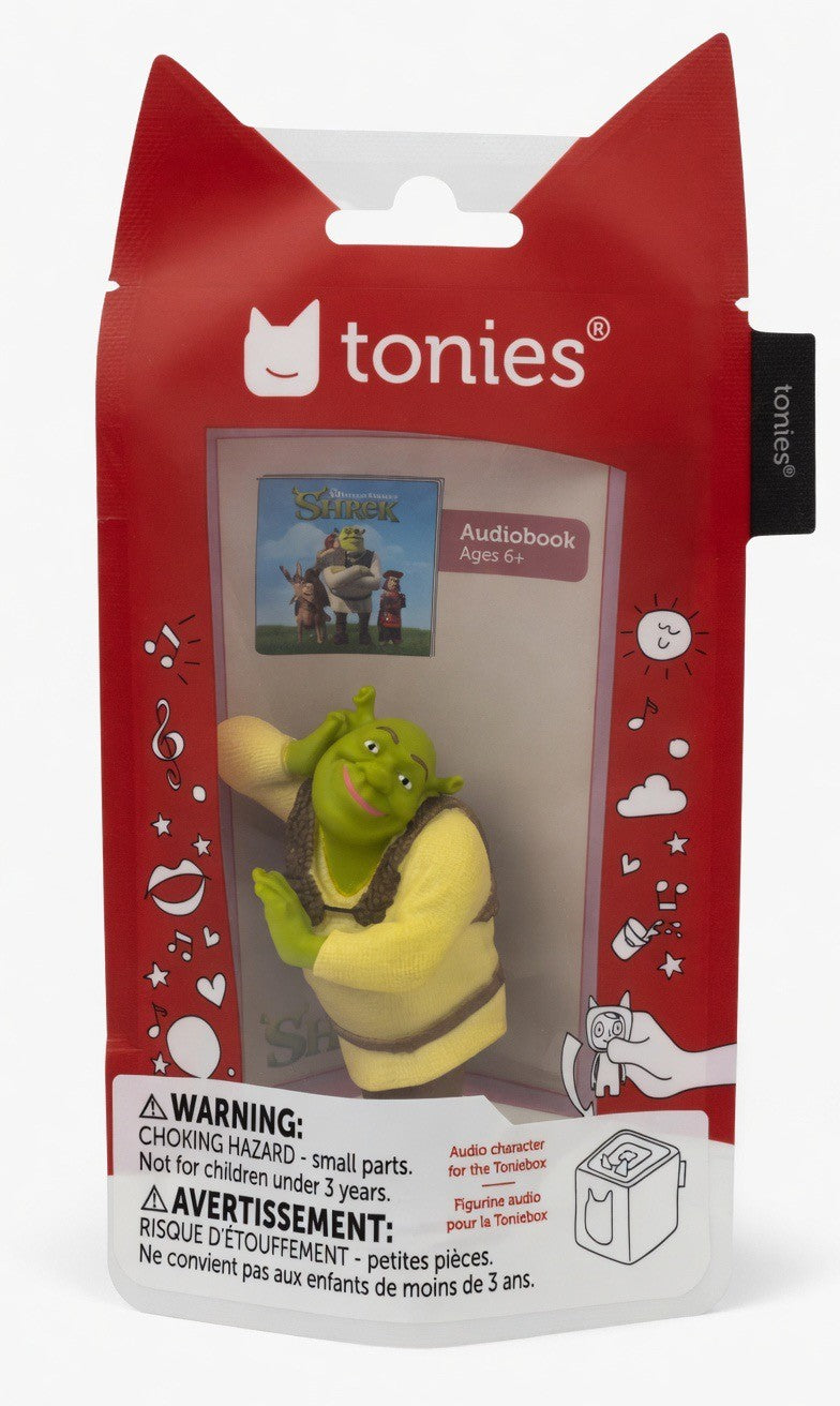 ImagineHaul Shrek Tonie figure and audiobook for Toniebox, featuring Shrek in his yellow tunic and brown vest.