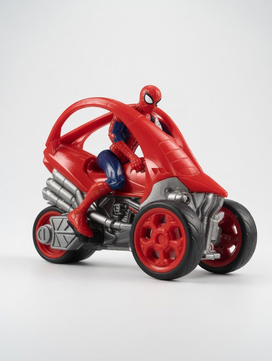 ImagineHaul Marvel Spider-Man Rip N Go Vehicle, a red three-wheeled racer with a Spider-Man figure.