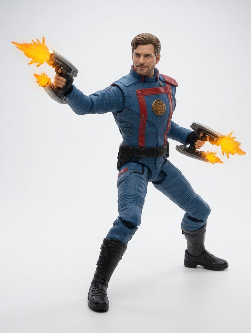 ImagineHaul Marvel Star-Lord action figure in blue and red Guardians of the Galaxy uniform, holding dual Element Guns with fiery effects.