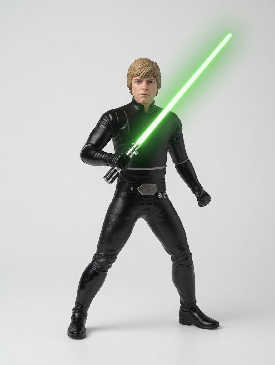 ImagineHaul Star Wars Luke Skywalker 12-inch action figure in black Jedi outfit with green lightsaber.