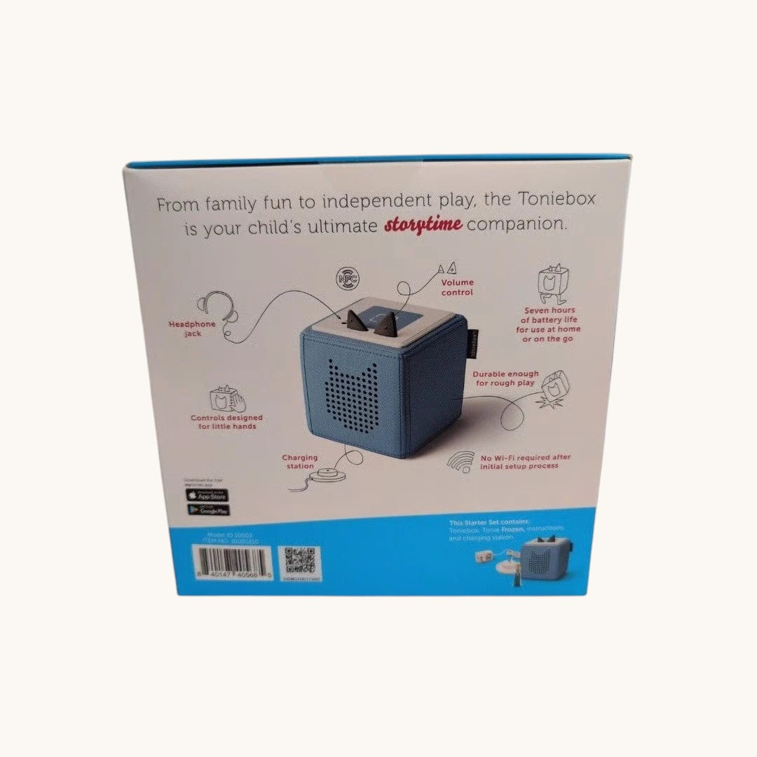 ImagineHaul Toniebox 2 audio player in sky blue with volume controls, headphone jack, and charging station. Screen-free audio player for kids.