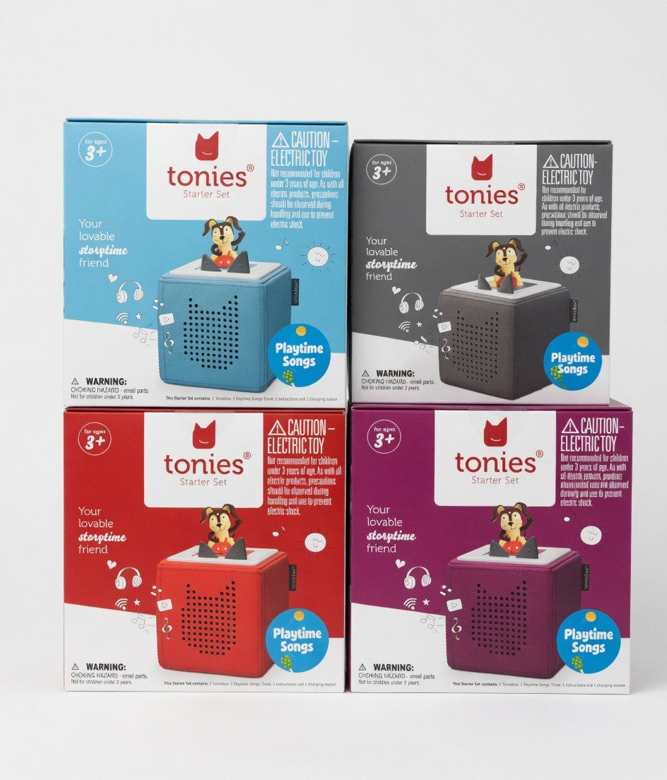 ImagineHaul Toniebox 2 Starter Set in blue, grey, red, and purple. Screen-free audio player for kids ages 1+ with Tonie figure.