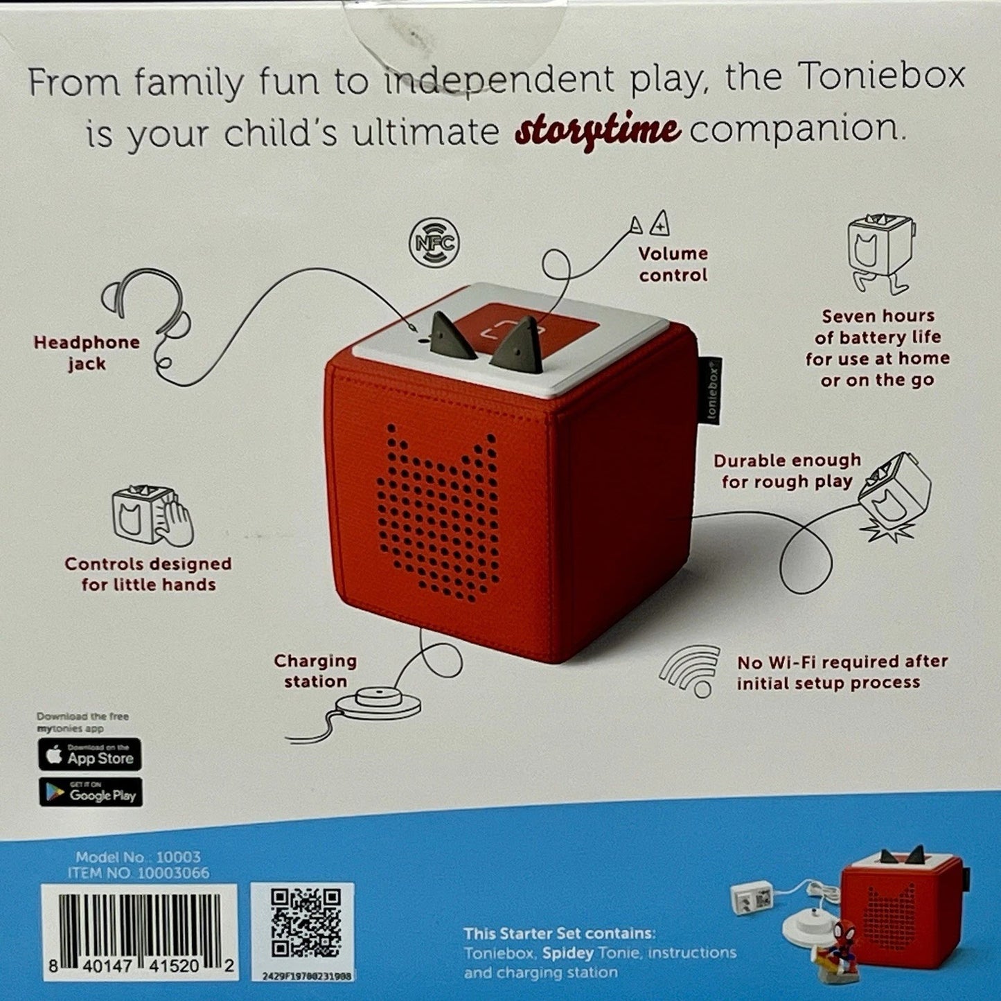 ImagineHaul Toniebox Starter Set with Spidey & His Amazing Friends audio player for kids. Features headphone jack, volume control, and charging station.