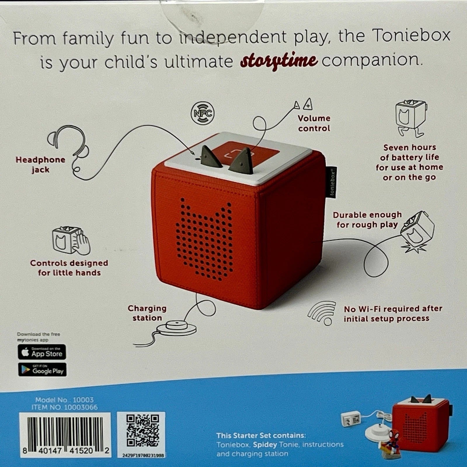 ImagineHaul Toniebox Starter Set with Spidey & His Amazing Friends audio player for kids. Features headphone jack, volume control, and charging station.