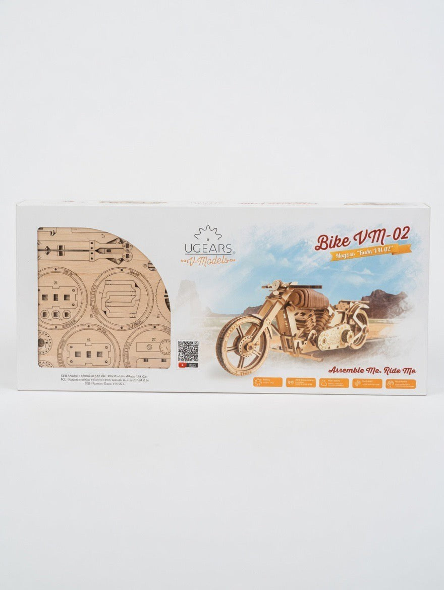 ImagineHaul UGEARS Bike VM-02 mechanical wooden model kit, a self-propelled 3D puzzle motorcycle made of birch plywood.