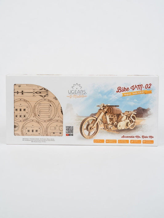 ImagineHaul UGEARS Bike VM-02 mechanical wooden model kit, a self-propelled 3D puzzle motorcycle made of birch plywood.